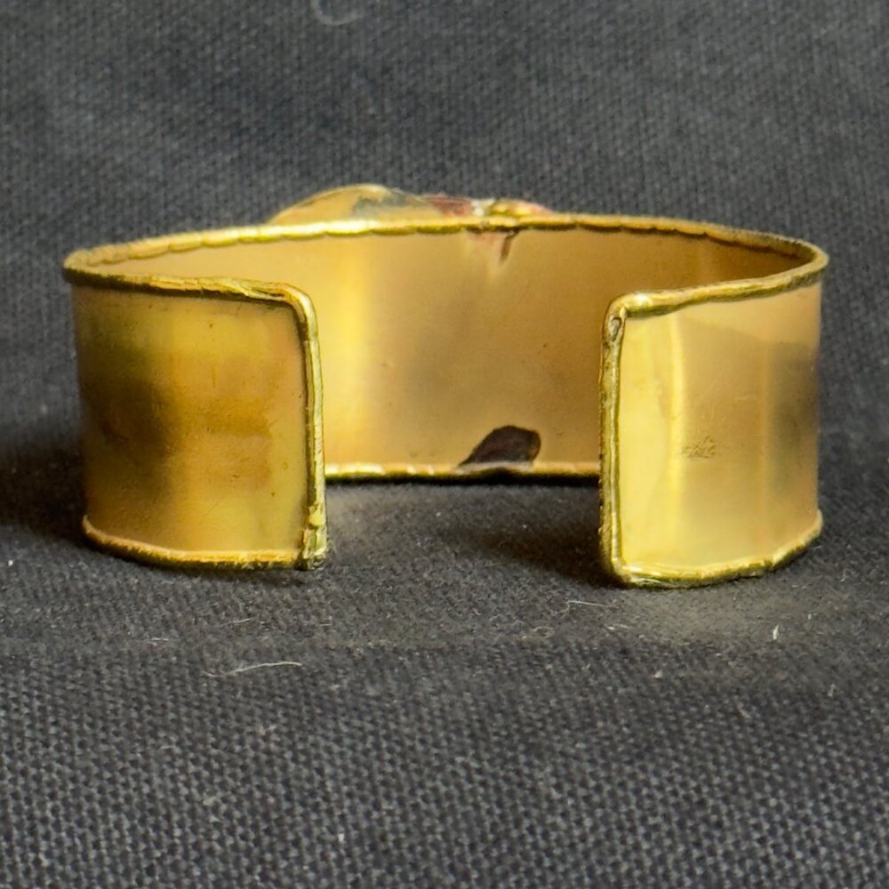 South African Hand-crafted Brass Cuff Bracelet Abstract Red Gold Metal Accents - Picture 6 of 13